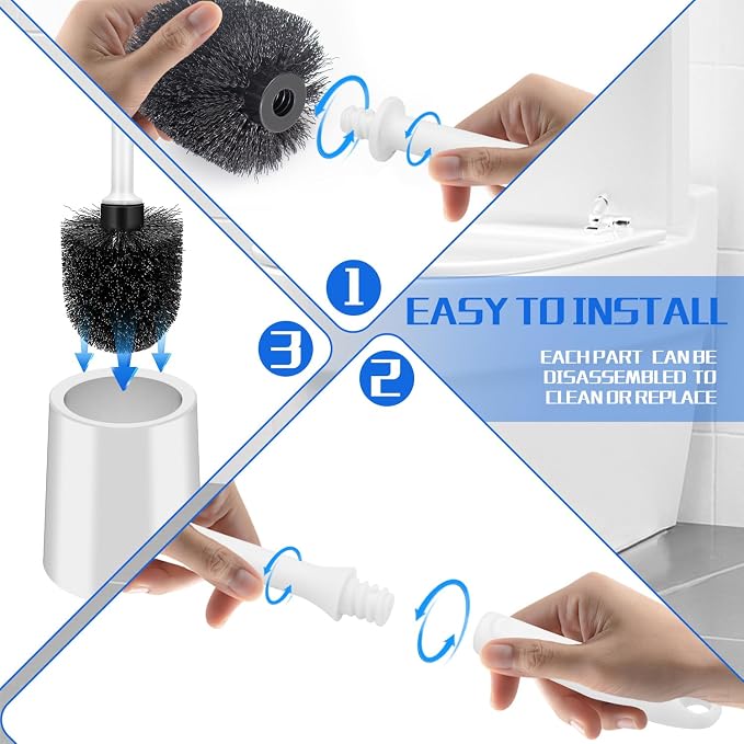Toilet Brush and Holder Set, 4 Pack Long Handle Non-Slip Grip Toilet Bowl Brush, Hard Toilet Brush, Deep Cleaning for Bathroom, Easy to Assemble White