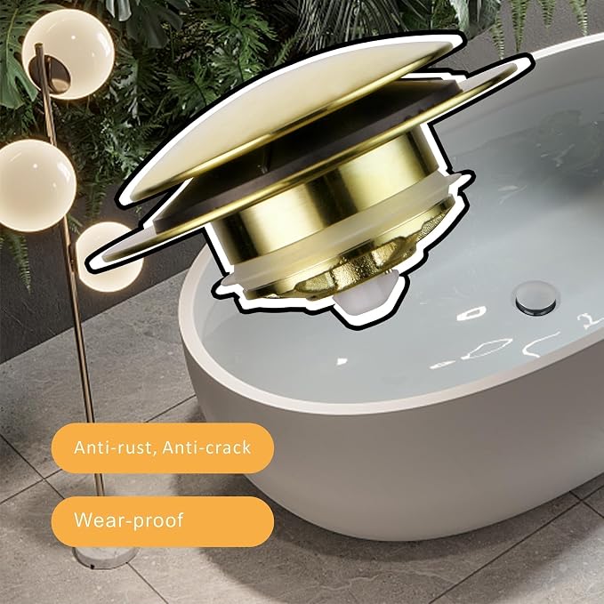 Brushed Gold Bath Tub Drain Stoppers,Wellup Universal Pop Up Bathtub Drain Stopper Replacement Tip Toe, Lift and Turn for Bathtub,EZ Bath tub Plug Conversion Kit Assembly (Gold Brushed)