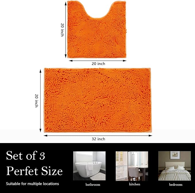Bathroom Rugs Chenille Bath mat 2 Piece Set, Super Absorbent, Strong PVC Non Slip Backing, Bath mats for Bathroom, Plush Shaggy, Thick, Machine Washable, Bathtub, Shower, Toilet.(Orange)