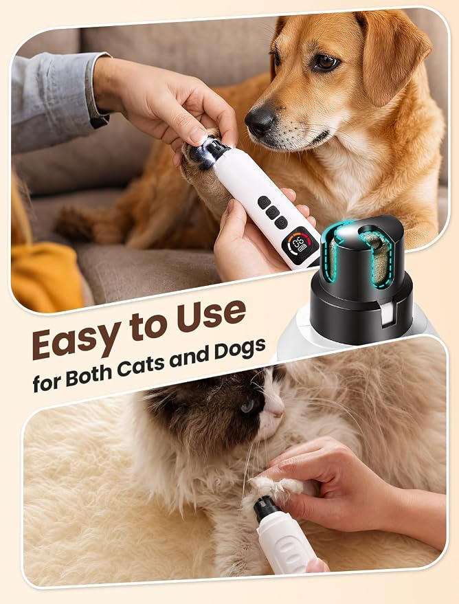 Dog Nail Grinder, Quiet 6-Speed Electric Pet Nail Trimmer with Upgraded Motor, 2 LED Lights, LCD Display, Type-C Charging, 1200mAh Battery, 3 Diamond Grinding Wheels for Dogs and Cats