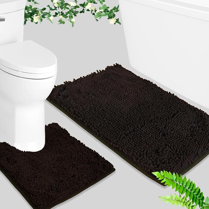 BOANKODU Bathroom Mat Sets 2 Piece, Absorbent Non-Slip Very Soft Chenille Mat, 32x20 Inch + 20x20 Inch U Shape, Machine Washable (Coffee)