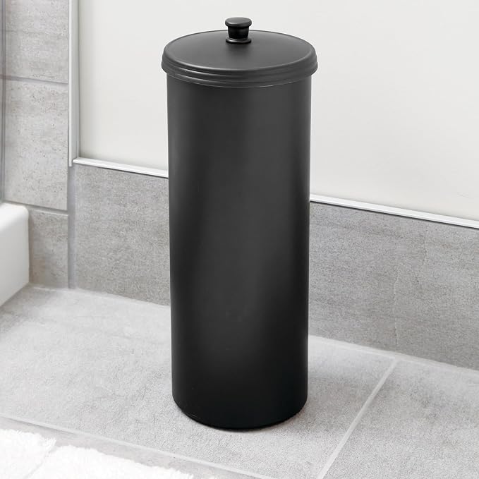 iDesign Freestanding Bathroom Toilet Paper Storage Holder, Matte Black | With Lid, For 3 Extra Rolls