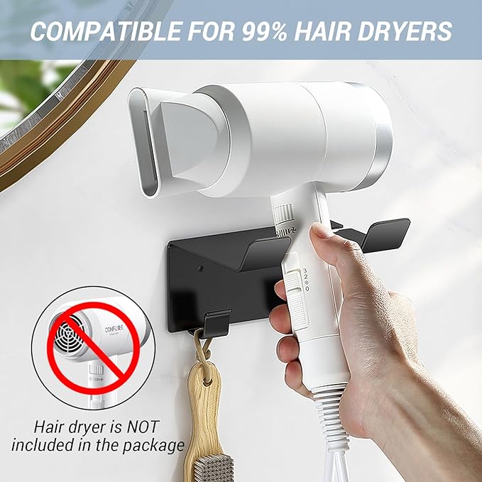 Hair Dryer Holder Wall Mount, Stainless Steel Blow Dryer Holder for Bathroom, Rustproof Hair Dryer Organizer Fits 2.3" Diameter, Easy Wall Installation (Black)