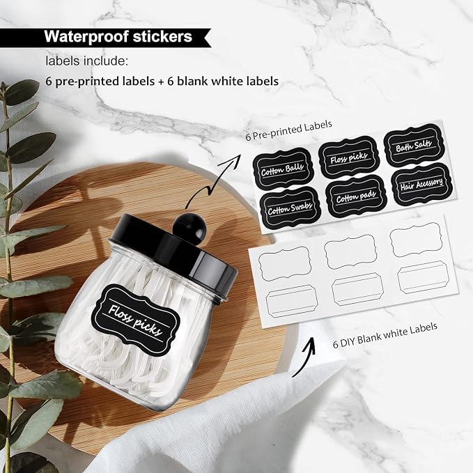 SheeChung 4 Pack Acrylic Mason Jar Qtip Holder Dispenser with Labels, Black | Small Plastic Apothecary Jars,Vanity Canisters for Cotton Swabs,Balls,Floss Picks,Bathroom Storage Organizers,Farmhouse Decor