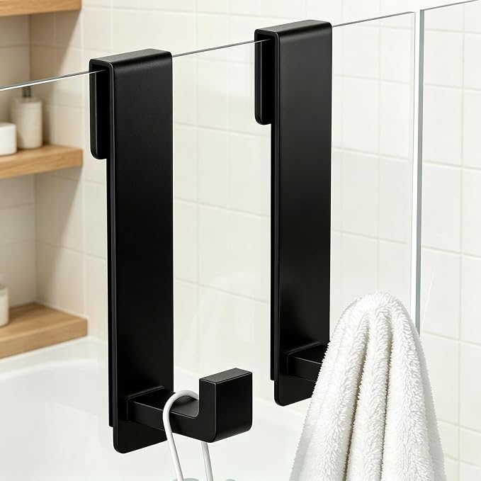WUIVIUT Heavy-Duty Stainless Steel Over The Glass Door Shower Hooks - Towel Hooks for Fits 3/8" (10mm) Thick Shower Glass Door Bathroom Holder for Washroom(L Shape, 2 Pack)
