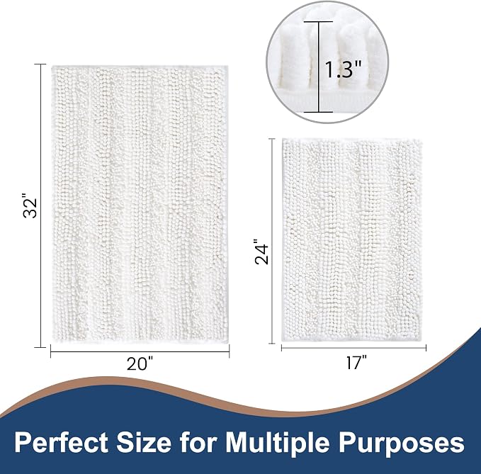Non Slip Thick Shaggy Chenille Bathroom Rug Sets 2 Piece, Thickened Hot Melt Rubber Bottom Bath Mats for Bathroom, Bath Rugs Quick Dry Machine Washable for Shower (White, 32"x20" Plus 17"x24")
