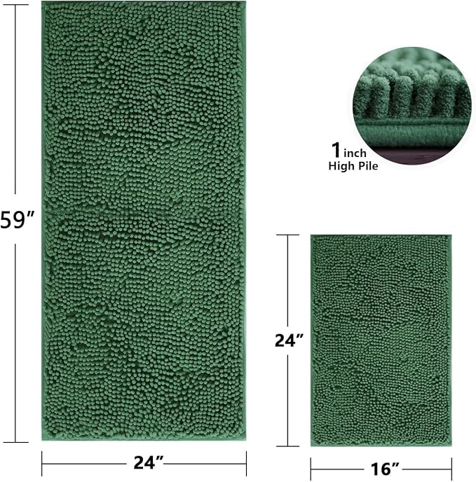 BOANKODU Bathroom RugsSets 2 Piece，59X24+16X24Inch，Absorbent Non-Slip Very Soft Chenille Mat,Machine Washable（Dark Green）