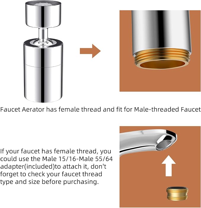 360 Degree Swivel Sink Faucet Aerator, Big Angle High Pressure Large Flow Dual Function Kitchen Faucet Aerator, 55/64" Female Thread, Polished Chrome