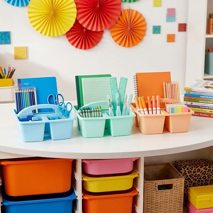 Kathfly 6 Pack Classroom Caddy Organizer with Handle, Plastic Art Craft Cleaning Caddy Bulk, Small Multipurpose Supply Organization Storage Basket for Table Desk Office Pencil Teacher (Morandi Color)