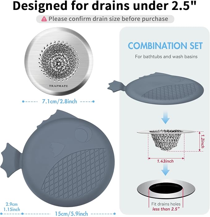 TRAPMATE Shower Drain Hair Catcher, 2.8" Fast Drainage Bathtub Stopper Drain Strainer Kit, Stainless Steel Shower Drain Cover, Bathtub Drain Protector for Sinks & Tubs (Patented Product)