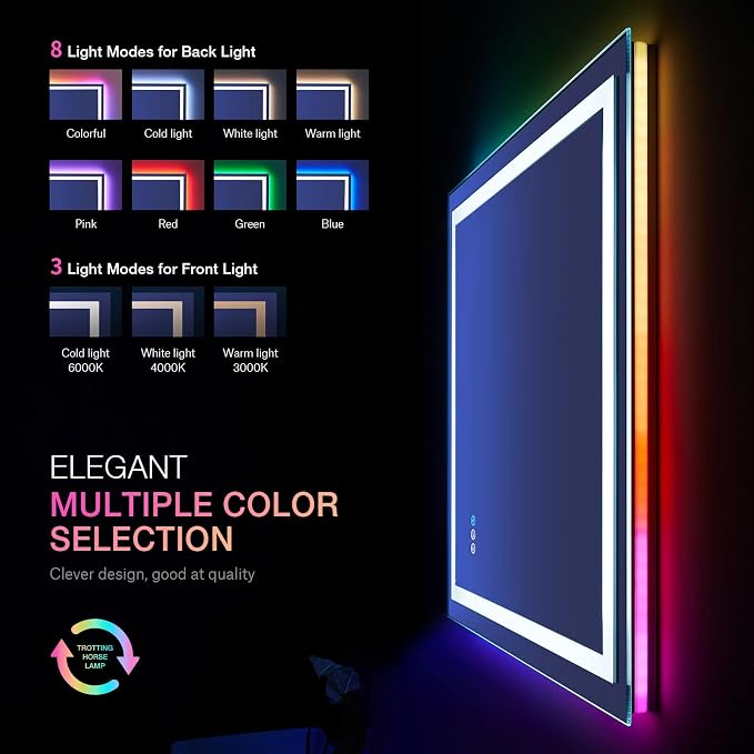 LOAAO 24"X36" RGB LED Bathroom Mirror with Lights, UL Listed | Anti-Fog, Dimmable, RGB Backlit + Front Lighted, Memory Function, Tempered Glass
