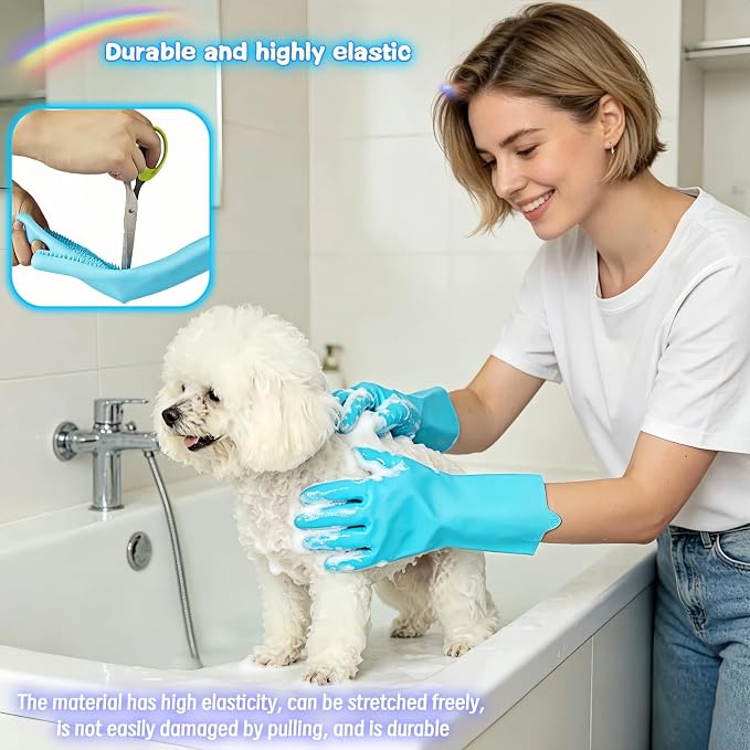 Silicone Dog Grooming Glove for Dogs and Cats, Enhanced Five-Finger Fit, Non-Slip & Extended Cuff, Dual-Sided Pet Bath Brush for Washing, Massage & Deep Cleaning 1 Pair (Blue)