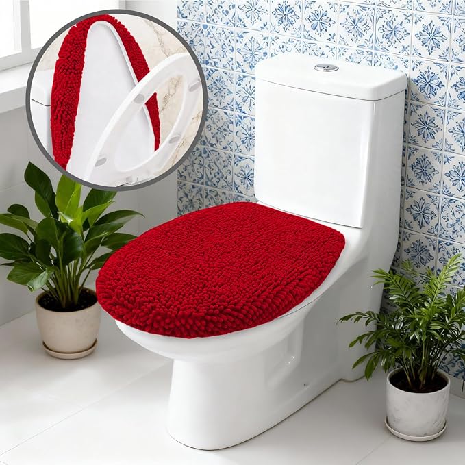 RUN HELIX Bathroom Toilet Lid Cover,Chenille Machine Washable Seat Covers, 17.5x15, Stays in Place Rubber Backing, Fits Most Round, Elongated and Oblong Lids, Accessories Decor,Burgundy
