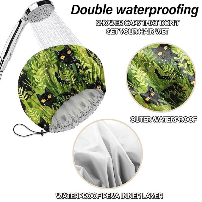 2 PCS Shower Cap Reusable Waterproof Double Layers Hair Caps Shower Bath Adjustable Elastic Hat for Women Girls Cute Aesthetic-Black Cat