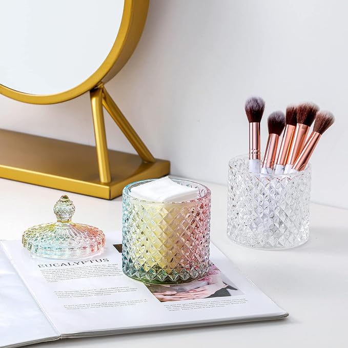 rejomiik Qtip Holder Glass Apothecary Jars with Lid Bathroom Accessories Vanity Organizers and Makeup Storage for Cotton Swabs, Makeup Sponges, Bath Salts, Canister Dispenser, 2 Pack Rainbow