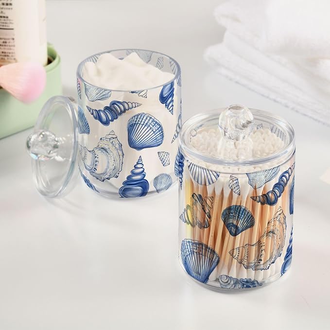 2 Pack Qtip Holder Dispenser for Cotton Ball Blue Seashells Ocean Nautical Coastal Cotton Swab Round Pads Clear Plastic Acrylic Jar Set Bathroom Canister