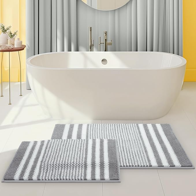 BSICPRO Bathroom Rugs Sets 2 Piece, Non Slip Striped Bath Mats, Light Grey | 24"x36" Plus 16"x24"，Soft Absorbent Chenille, Quick Dry Machine Washable, Shower Rug for Bathroom Floor, Tub, Bedroom Decor