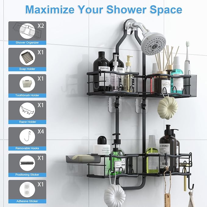 Shower Caddy Hanging Organizer Over Showerhead, Rustproof Black | 2-Tier No-Drill Hanging Shower Organizer with Removable Hooks, Soap Dish, Toothbrush Holder for Bathroom Razor Shampoo Sponge