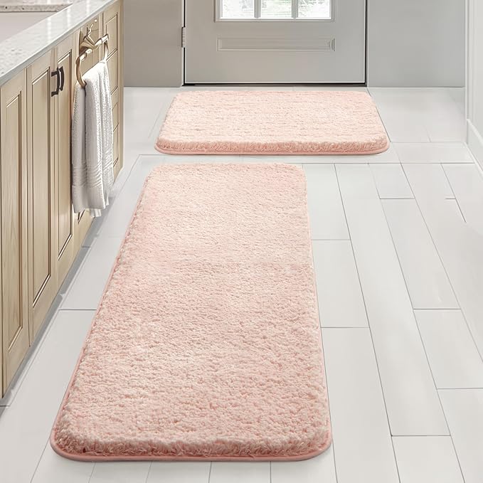 MIULEE Blush Bathroom Rugs Set 2 Piece Soft Bath Mats 16x24+16x48 Inch | Soft Absorbent Microfiber Bath Rugs, Non Slip, Quick Dry, Fluffy Bath Rugs for Bathroom Floor Tub Showers, Machine Washable