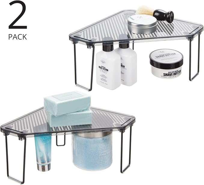 mDesign Plastic/Steel Corner Stackable Rack, Storage Organizer Shelf for Bathroom, Vanity, Countertop, Sink, Cabinet, Holds Makeup, Shower Accessories, Ligne Collection - 2 Pack - Black/Smoke Gray