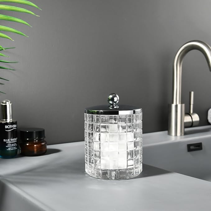 Glass Cotton Jar Holder Silver Lid, Elegant Bathroom Storage Canister for Qtips, Cotton Balls, Floss, Makeup Organizer, Vanity Bathroom Organization