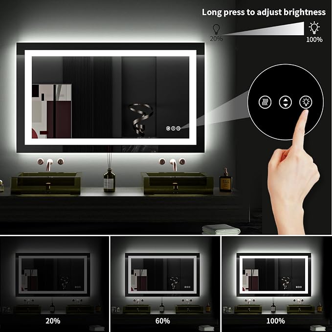 LOAAO 40"X24" LED Bathroom Mirror with Lights, UL Listed | Anti-Fog, Dimmable, 3 Color Temperature, Backlit + Front Lit, Memory Function, Tempered Glass