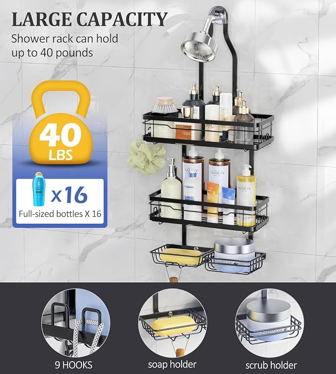 OMAIRA Shower Caddy Hanging Over the Shower Head - Rustproof Shower Organizer Hanging with Soap Scrub Holder, Non-Slip Stainless Steel Bathroom Storage Rack & Shelves, No Drilling, Black