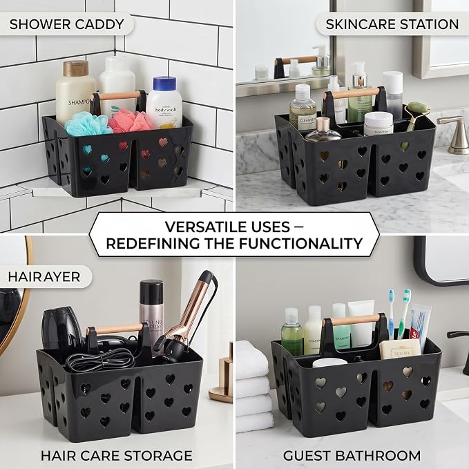 NINU Black Portable Shower Caddy with Handle, Plastic Shower Tote Basket with Divided Compartments and Drainage Holes, Bathroom Caddy Organizer for College Dorm, Gym, Camping, Shared Bathroom