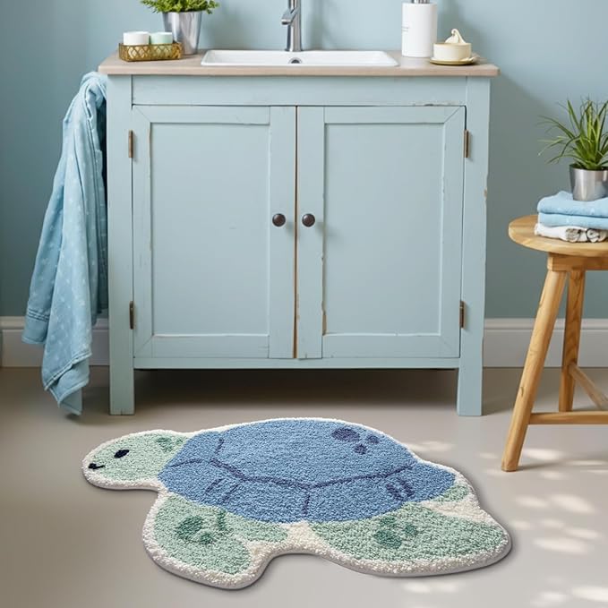 LUMI Cute Animal Bathroom Rugs, Plush Absorbent Bath Mats for Bathroom, Non-Slip Backing Washable Bath Mat, Ideal for Shower Sink Bathtub Room Decor, 24"x40", Blue Sea Turtle