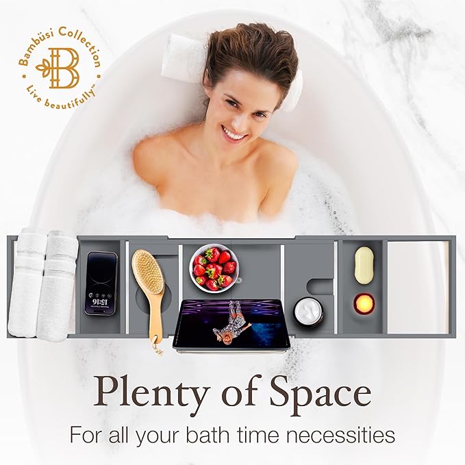Bathtub Tray for Tub - Grey Bamboo Bath Caddy Tray, Expandable Wood Bathtub Caddy with Wine Glass Holder, Book and Tablet Stand, Bath Accessories, Spa Tub Table, Relaxation Gifts for Women and Mom