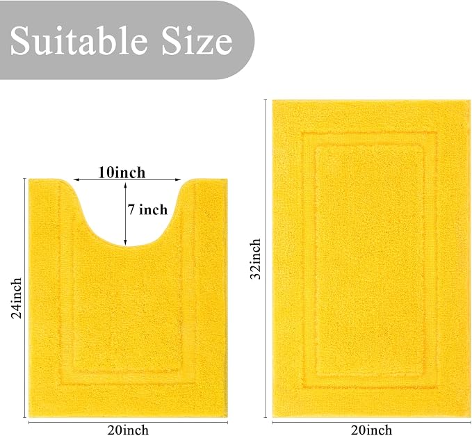 SHACOS Soft Microfiber Bathroom Rugs Set 2 Pieces with Toilet Rug | Absorbent Plush Bath Mat U Shaped Contour Bath Rug, Non Slip Washable Fluffy Bathroom Floor Mats, 32x20+24x20, Yellow