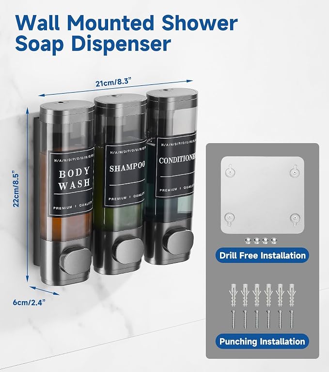Cabo Deseado Shower Soap Dispenser Wall Mounted No Drill Shampoo Dispenser for Shower Wall Shampoo and Conditioner Dispenser Bathroom Hotel 3 * 350ml Gungray with Labels