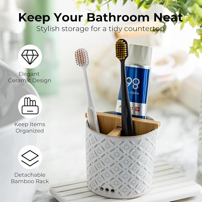 Zoeeker Toothbrush Holders, Ceramic Electric Toothbrush & Toothpaste Holder | Detachable 3 Slots Tooth Brush Cup with Drain Holes & Bamboo Divider, Makeup Brush Storage Holder for Bathroom, Family, Kids