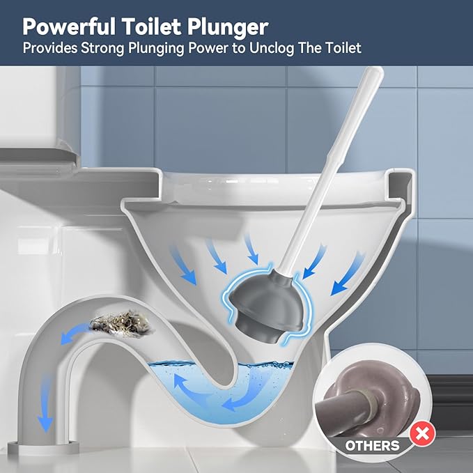Unique Toilet Plunger and Brush, Silicone Brush and Heavy Duty Toilet Plunger Set with Ventilated Holder, 2-in-1 Toilet Brush and Plunger Combo for Bathroom Cleaning-New Pack (White)