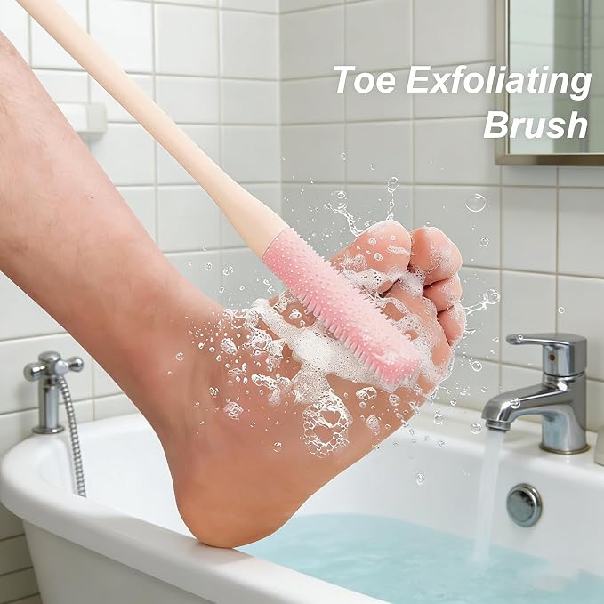 Toe Cleaning Brush, Silicone Toe Gap Cleaner 15.7inch Long Handled Foot Brush for Seniors, Soft Rubber Brush Exfoliating Foot Scrubber for Shower - Seniors, Men and Women (Grey+Pink)