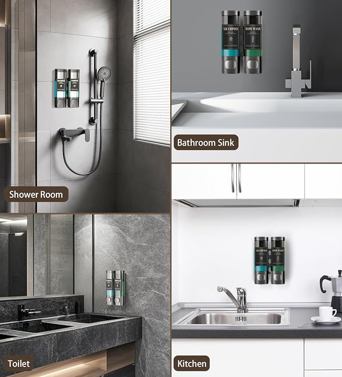 Luxspire Shampoo and Conditioner Dispenser, Shower Soap Dispenser 2-Chamber | Lockable Large Capacity 600ml No-Drill Wall-Mounted Shampoo and Body Wash Dispenser for Bathroom Hotel Kitchen Airbnb