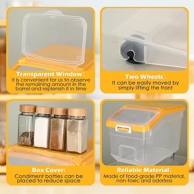 4 Pcs Rice Storage Container 28 lb Airtight Flour Container with Wheels Measuring Cup Clear Pet Dog Birds Cat Food Bin Grain Cereal Organizer Box for Dry Baking Supplies(Yellow Lid)