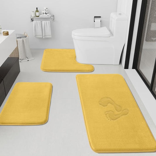 Bathroom Rugs Sets 3 Piece, Non-Slip & Quick Dry Bath Mat Set, Ultra Soft Velvet Bath Rugs for Bathroom, Toilet and Shower Floor, Yellow