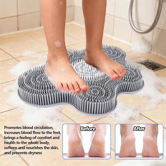 Kalolary Silicone Shower Foot Scrubber Mat，Back Exfoliating Cleaner Foot Scrubber in Shower with Non-Slip Suction Cups Cleaner Brush to Exfoliate and Massage Feet Without Bending Over (Flower)