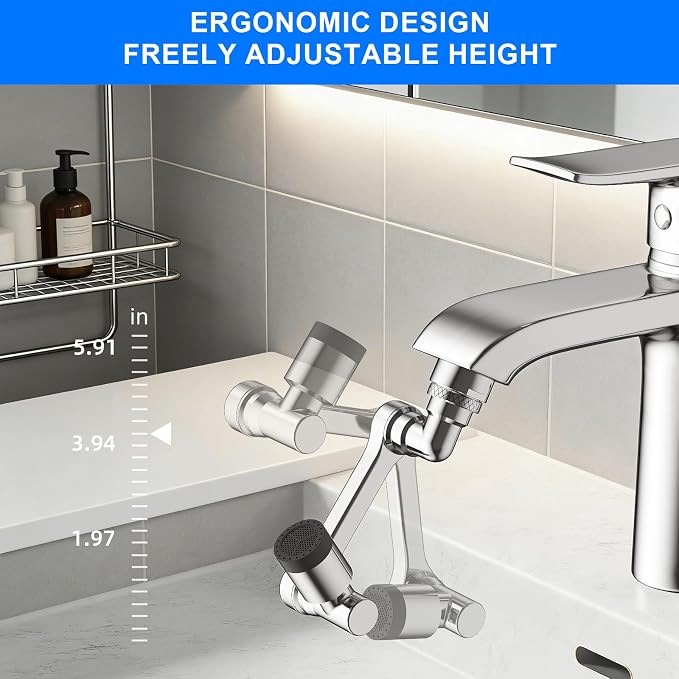 1080° Swivel Faucet Extender, Chrome Finish Sink Aerator with Universal Robotic Arm, Multi-Directional Spray Attachment for Kitchen and Bathroom
