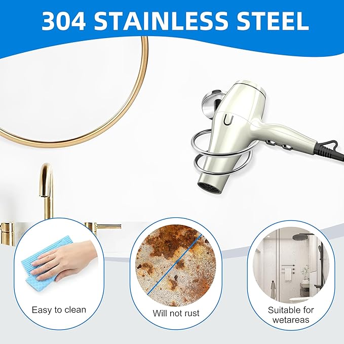 Bathroom Hair Dryer Holder Hair Care Tools Holder Wall Mount Chrome Finished Stainless Steel-Silver