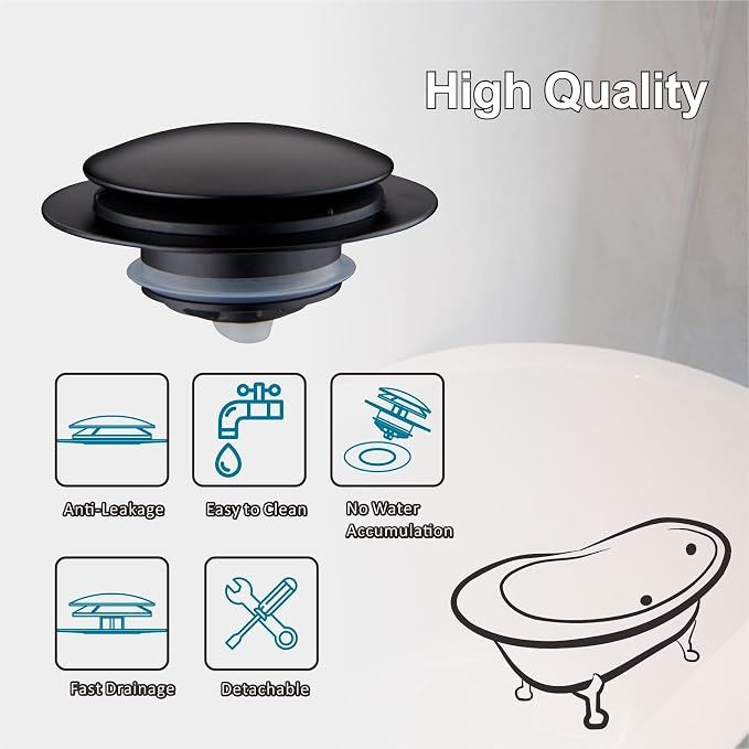 Black Tub Drain Stopper,Welsan Universal Pop Up Bathtub Stopper Replacement Tip Toe, Lift and Turn with 2-Hole Overflow Face Plate Cover and EZ Bath Tub Plug Stopper (Matte Black)