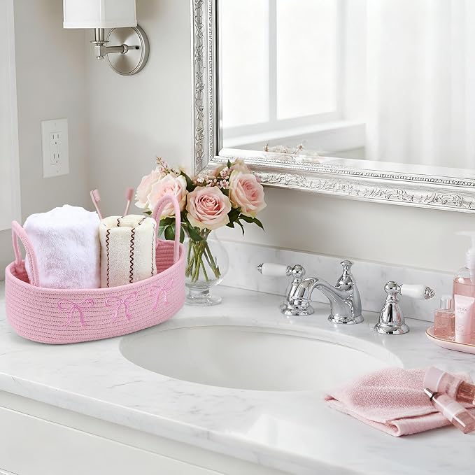 Vesici Pink Bow Woven Storage Basket for Toilet Tank Top Boho Cotton Rope Bathroom Countertop Organizer Basket with Handle Pink Bathroom Decor for Bedroom Nursery Toys Organizing, 13 x 6 x 4 Inch