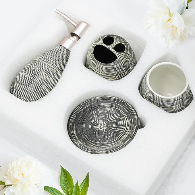 CERBIOR Bathroom Accessories Set,4 PCS Ceramic Bath Accessory,Grey | Includes Toothbrush Holder, Toothbrush Cup, Soap Dish for Decorative Countertop and Housewarming Gift