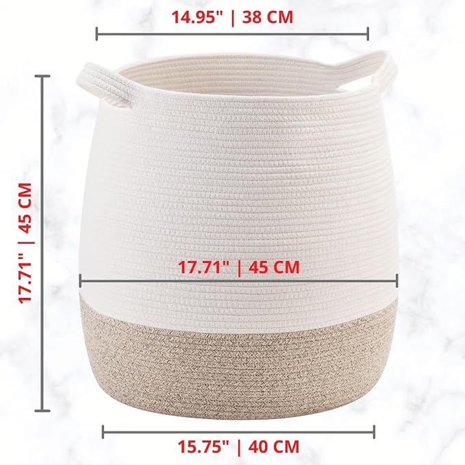 MINTWOOD Design Large 17 x 17 Inches Decorative Woven Cotton Rope Blanket Basket for Living Room, Laundry Basket Hamper, Storage Baskets with Handles for Toys, Throws, Pillows, Towels, Shoes, Brown