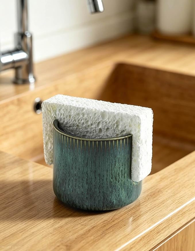 Sponge Holder for Kitchen Sink Countertop, Ceramic Scrub Sponge Dish Holder, Compact Sink Caddy Organizer Accessories for Dish Brush, Scrubber, Vintage Green