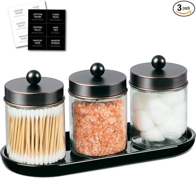 SheeChung 3 Pack Glass Apothecary Jars with Acrylic Vanity Tray | Bathroom Jars with Lids Set with for Qtip, Cotton Ball, Floss Picks - Modern Industrial Style - Bathroom Organizer (ORB)