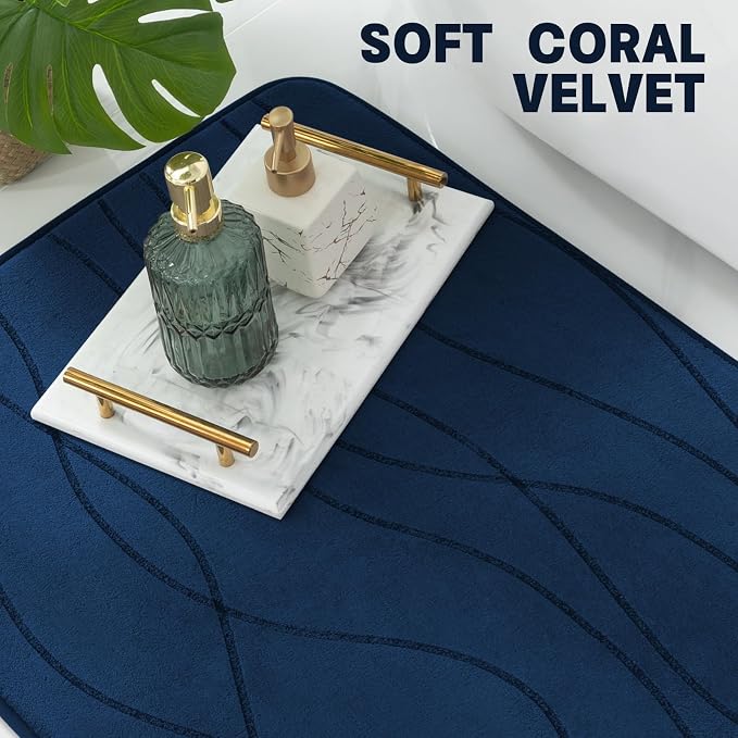 Bathroom Rugs Set 5 Piece, Memory Foam Bath Mat Navy Blue | Ultra Soft, Absorbent, Non-Slip, Machine Washable, for Bathroom, Sink and Toilet