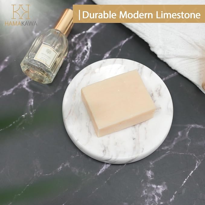Natural Marble Soap Dish, Round Carrara White Jewelry Dish, Limestone Shower Soap Holder, Modern Stone Sponge Holder, Bar Soap Saver Tray for Bathroom, Kitchen, Easy to Clean
