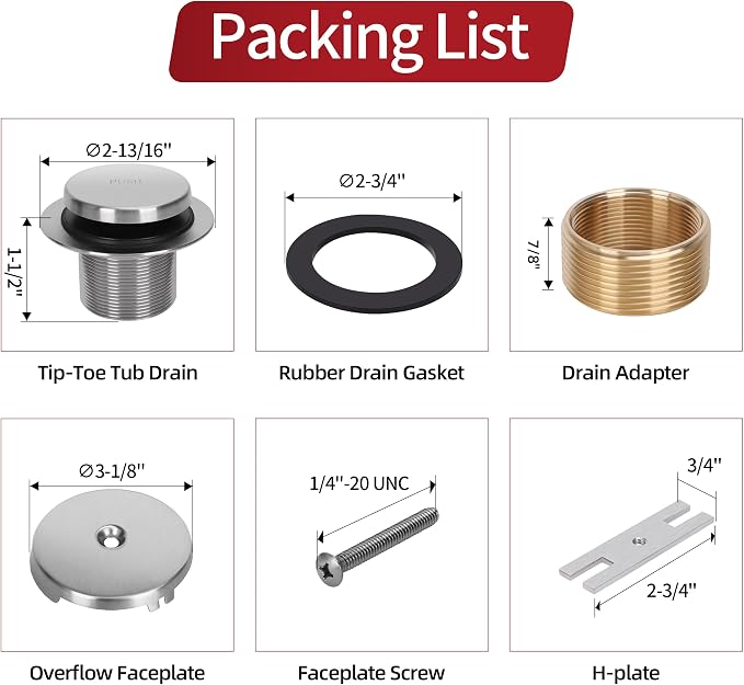 PRIMSOPH Tip-Toe Tub Drain Trim Kit with One Hole Overflow Faceplate Conversion Kit Assembly Universal Fine Coarse Thread Replacement Brushed Nickel
